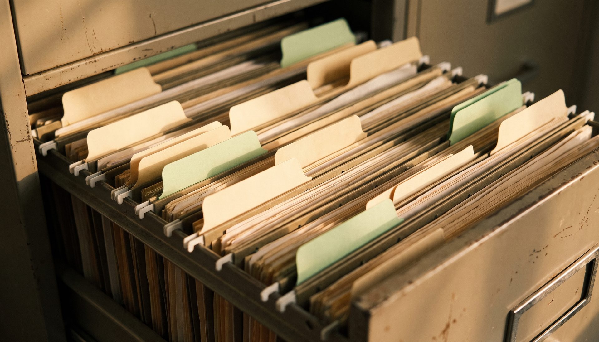 Looking down into an open filing drawer, suspension folders and dividers standing evenly in order with plain unmarked tabs.