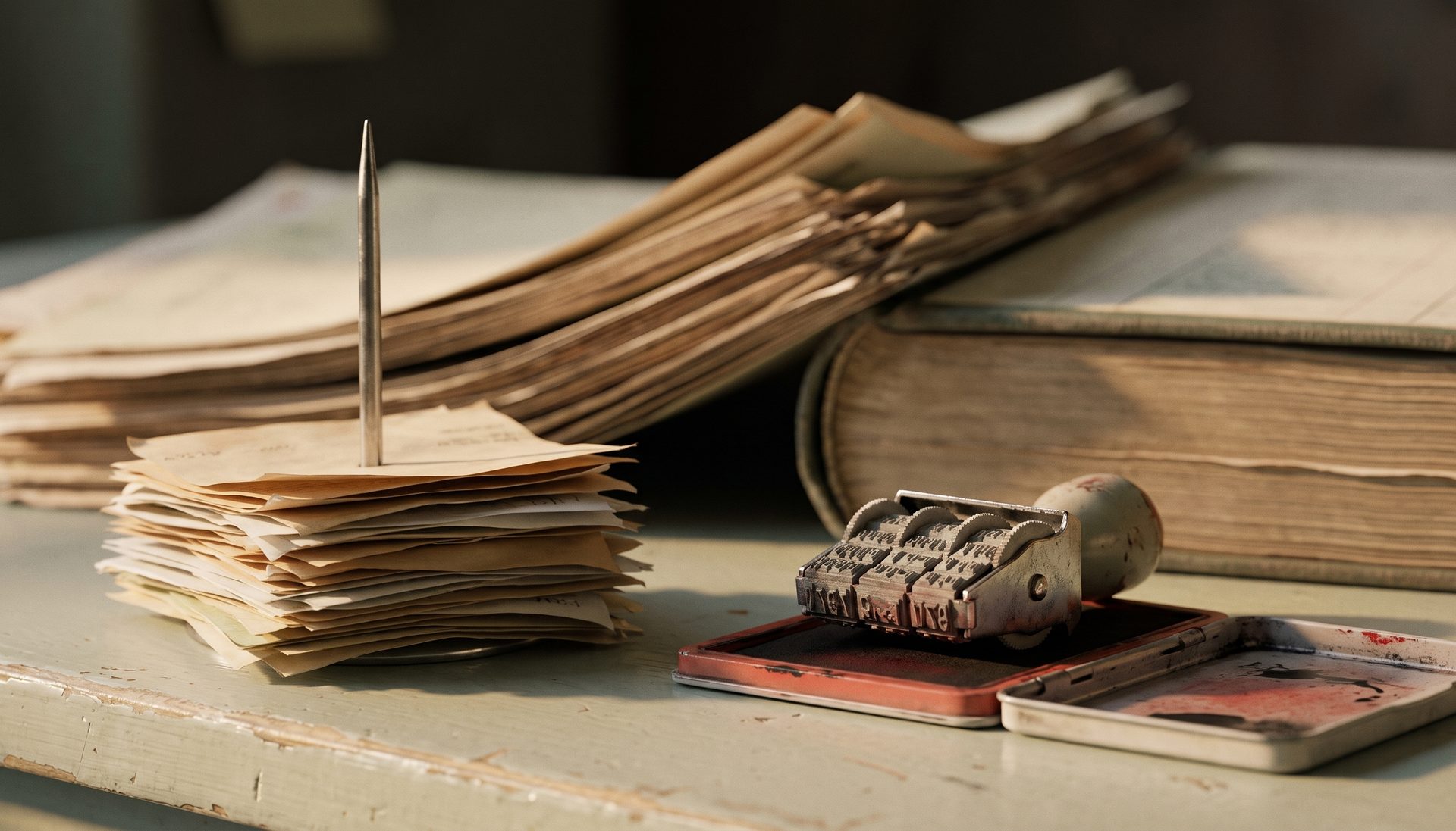 A close view of a receipt spike crowded with paper slips, a rubber date stamp resting on its ink pad, and the edge of a thick stack of paperwork and a ledger behind.