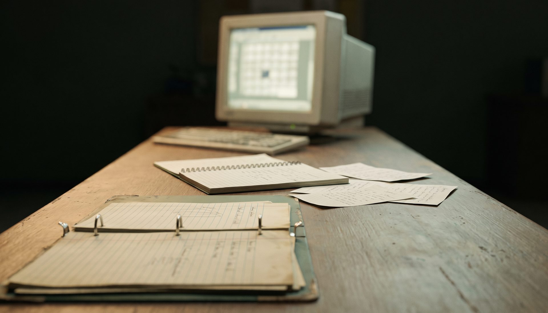 Looking along a desk: an open ring binder in the foreground, a spiral notebook and loose handwritten slips beyond it, and an older desktop monitor showing a spreadsheet at the far end.